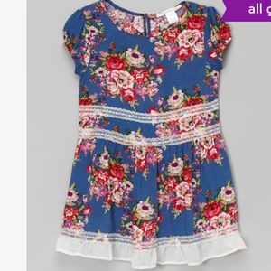 Girls Blue and red floral lace trim dress